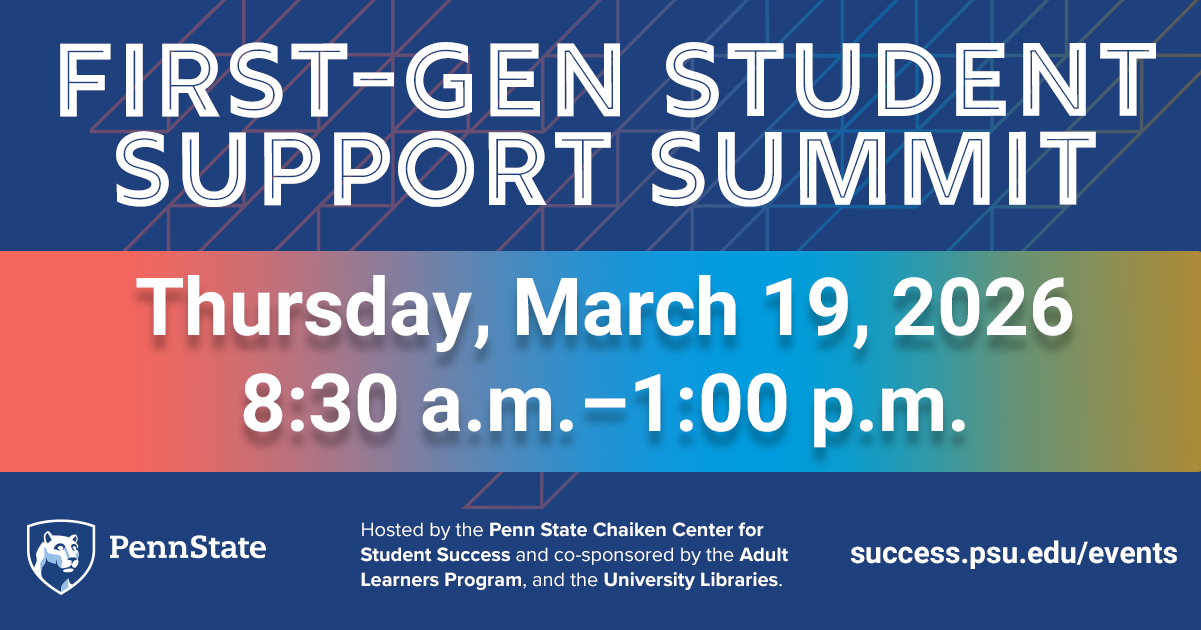 First-Gen Student Support Summit graphic with dates and times.