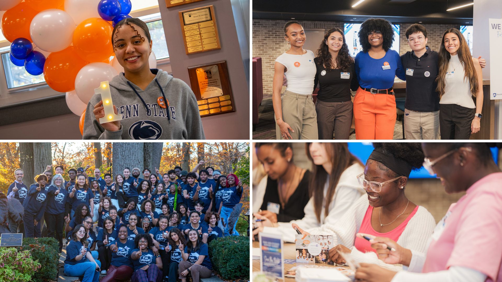 Collage of photos showing first-generation students and staff at a variety of events
