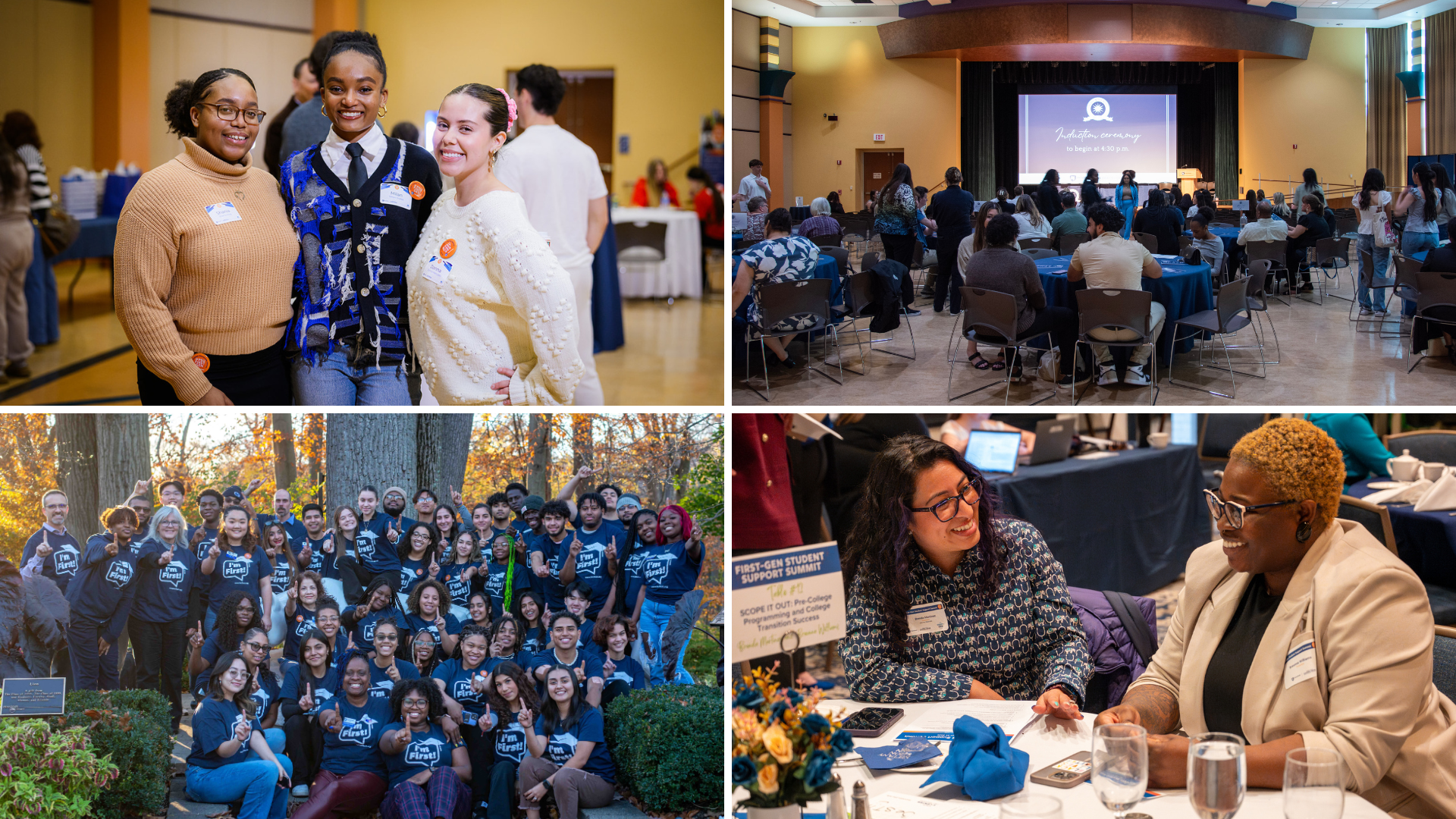Image displays four photos from campus events. Top left is a photo of three female students posing together. Top right is a phot