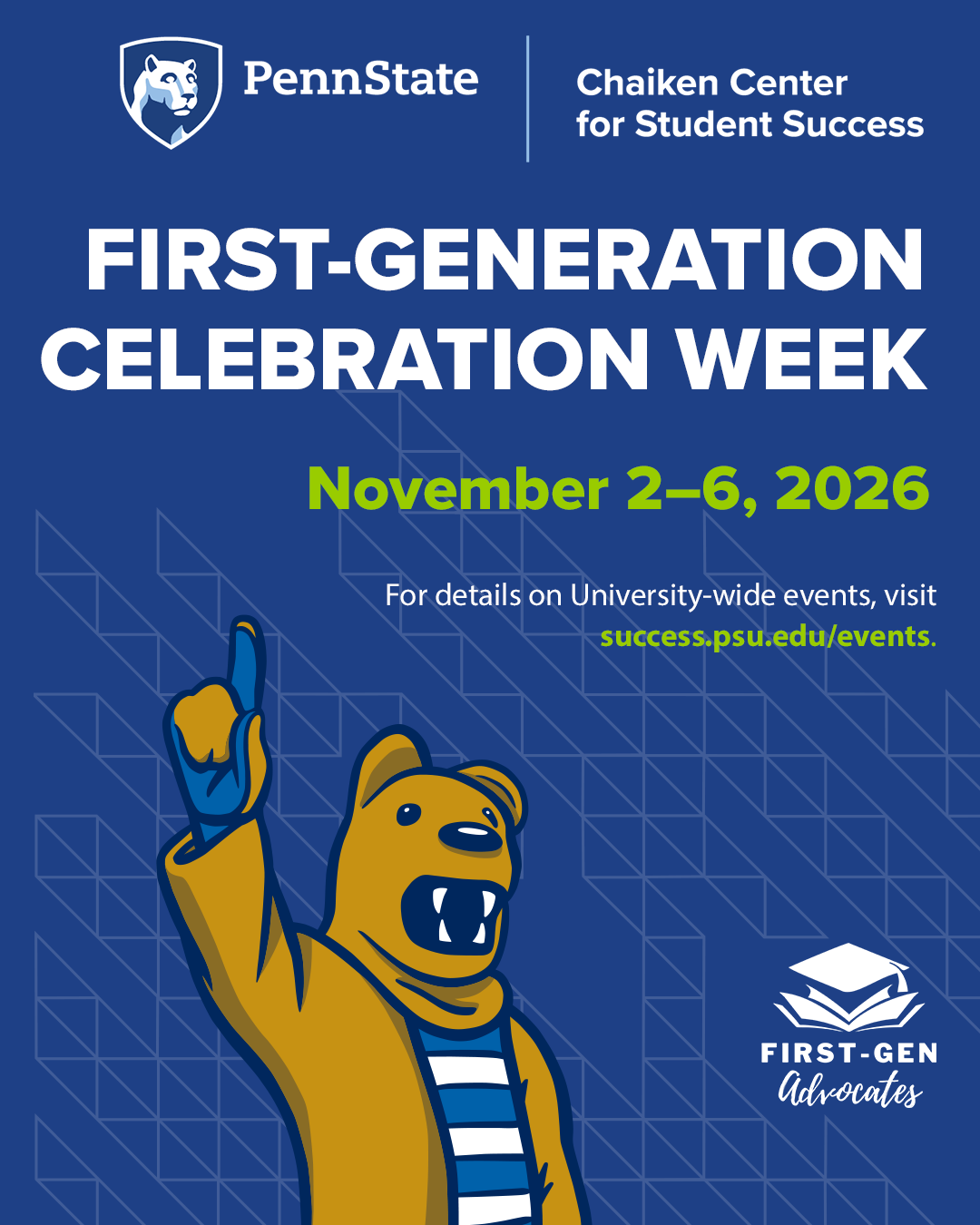 Graphic showing Nittany Lion cartoon holding up the number one with event details for this year's First-Gen Celebration Week.