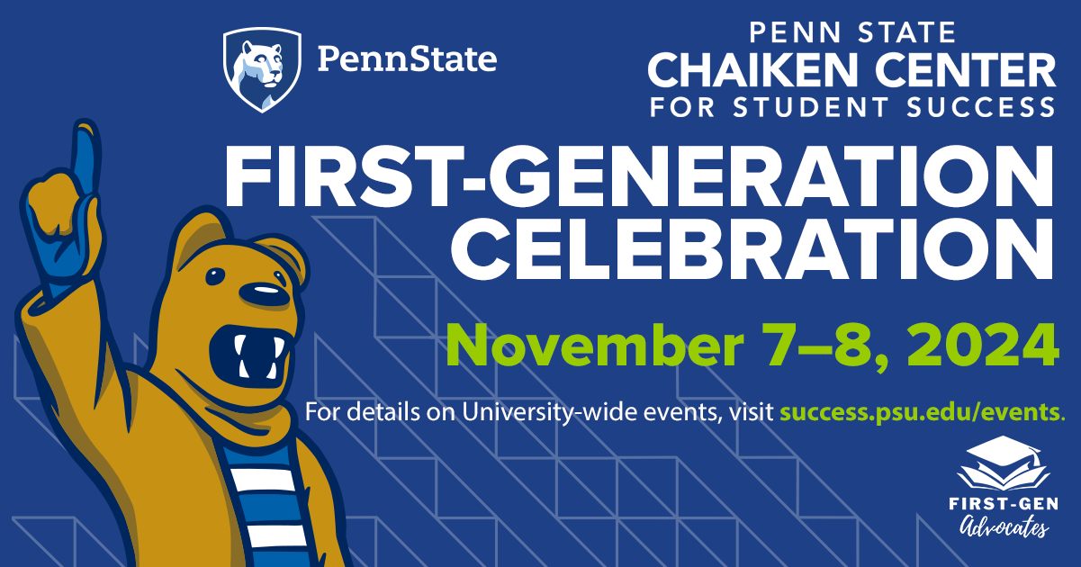 First-Gen Celebration flyer with the Nittany Lion against a navy blue background