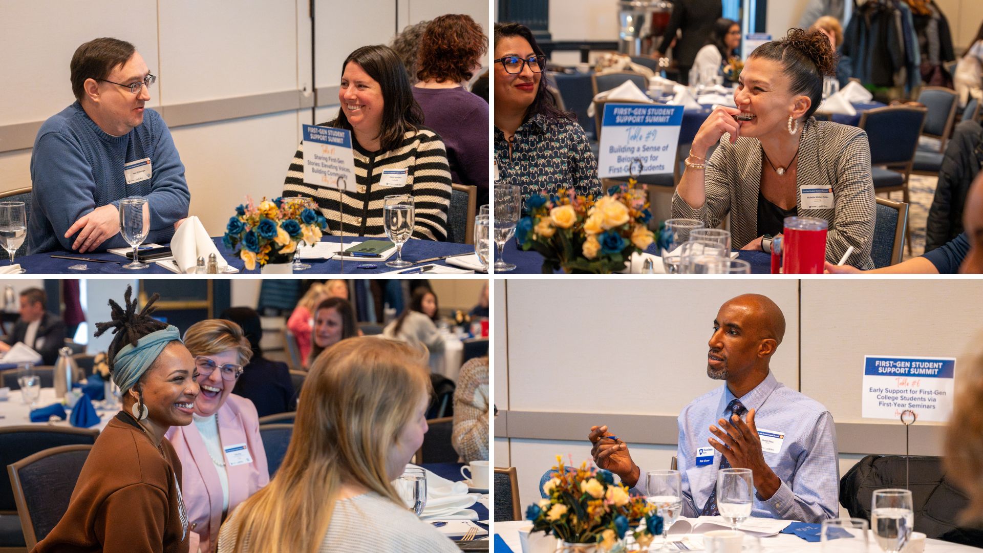 Collage of photos showing faculty and staff at the event, most engaged in conversation at tables
