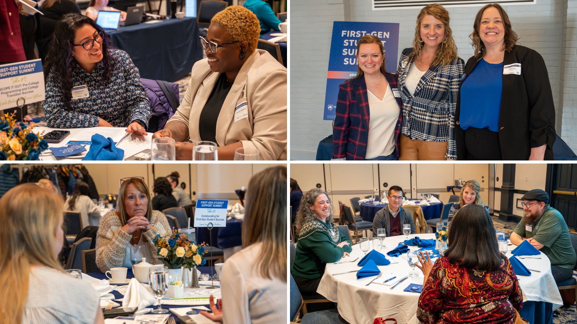 Collage of photos showing faculty and staff at the event, most engaged in conversation at tables